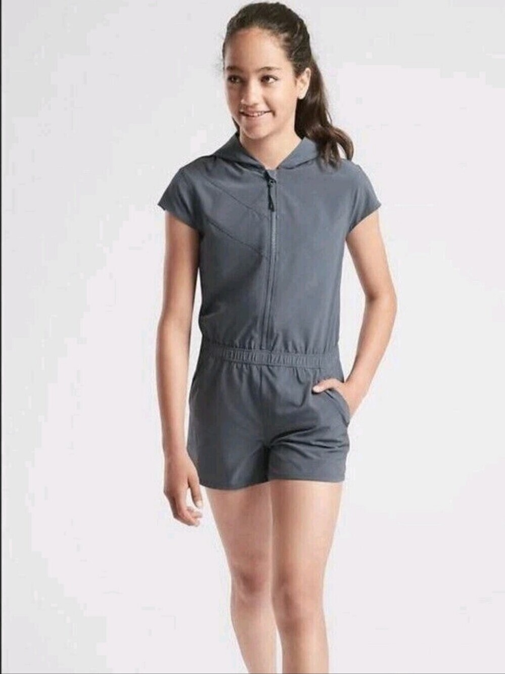 Athleta Girl Sz XL 14 Ready Go Gray Hooded Shorts Romper One Piece